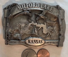Vintage 1987 Metal Belt Buckle, Milford Lake, Kansas, Nice Western Design