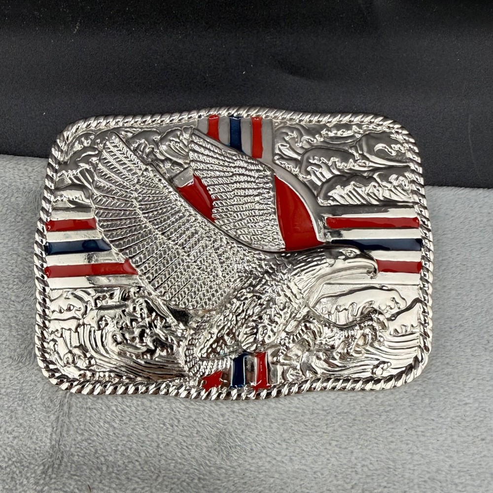 Vintage Buckle Silver Tone Eagle Hawk Enamel Patriotic