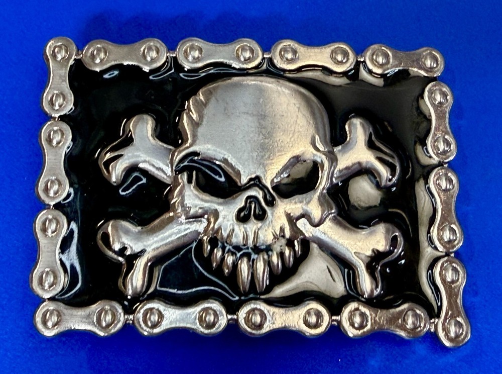 Skull & Crossbones Biker Chain Boarder FAST Halloween Vintage Belt Buckle