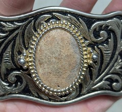 vintage STONE belt buckle FOSSIL cobochon HAND POLISHED coral WESTERN cowboy