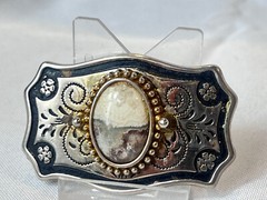 Vtg Western Style Belt Buckle Silvertone And Polished Cabochon Stone USA