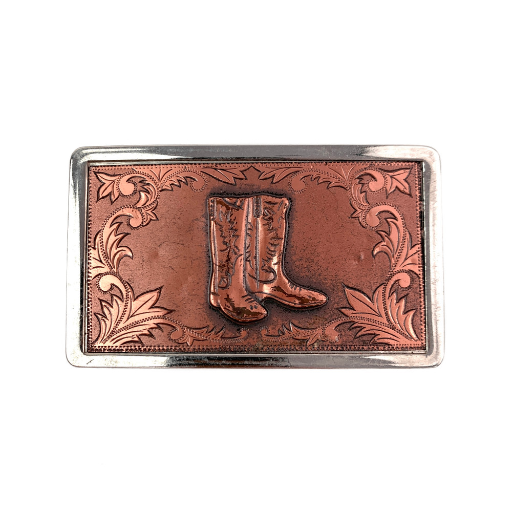 Western Cowboy Boots Belt Buckle Copper Silver Tone Engraved