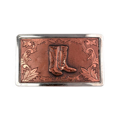 Western Cowboy Boots Belt Buckle Copper Silver Tone Engraved