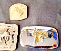 2 Vintage Cowboy Belt Buckles (Road Runner and Saddle) & Bolo Tie clasp / clip