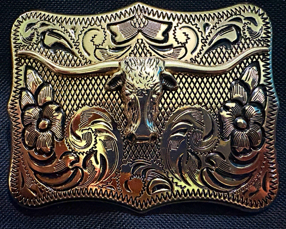 Western Bull Head Floral Engraved Silver Metal Belt Buckle Fits 2in Belt