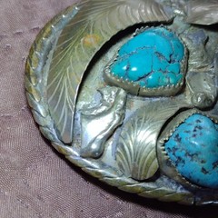 Vintage Native Made Men&rsquo;s Western Oval Silver Belt Buckle w/ Torquoise Stones