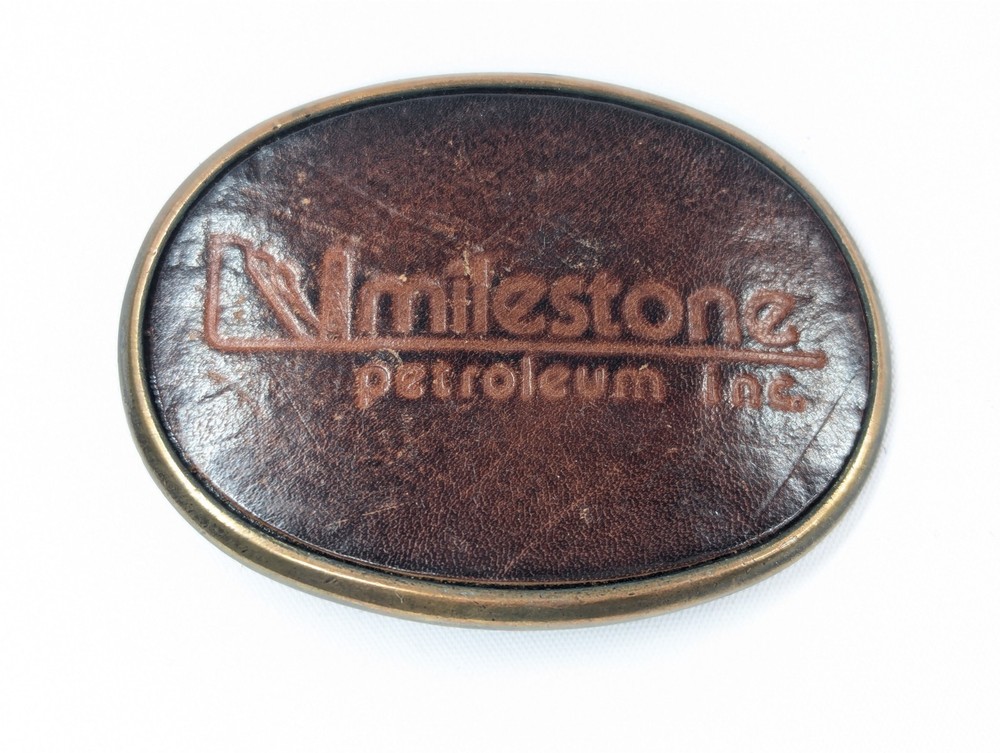 Milestone Petroleum Inc. Belt Buckle Brass Leather Inlay Vintage Oil Company