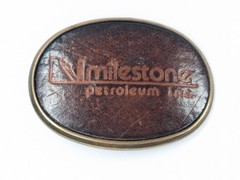 Milestone Petroleum Inc. Belt Buckle Brass Leather Inlay Vintage Oil Company