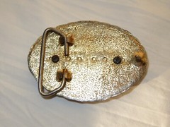 Belt Buckle Western Style Gold Tone Oval Stage Coach Gold Flake Inlaid Vintage
