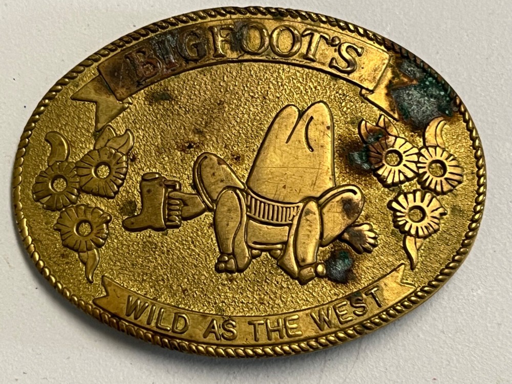 Vintage Belt Buckle BIGFOOT&rsquo;S Wild as the WEST Cowboy Hat Brass 70s Trucker OOP
