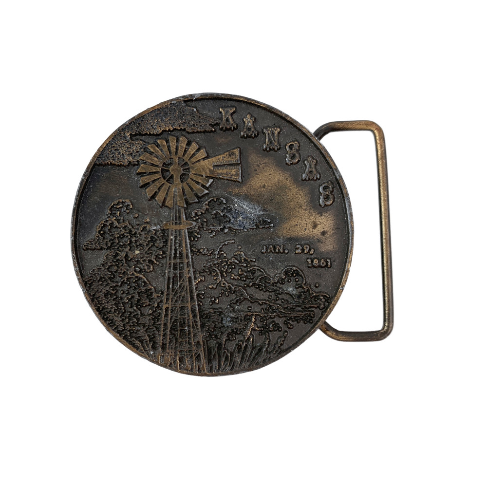 1974 Kansas Windmill Belt Buckle Round Antique Brass Lewis Buckles Chicago