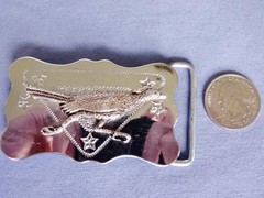 Southwest Silver Tone Stamped Metal w/ Applied Cast Brass Roadrunner Belt Buckle