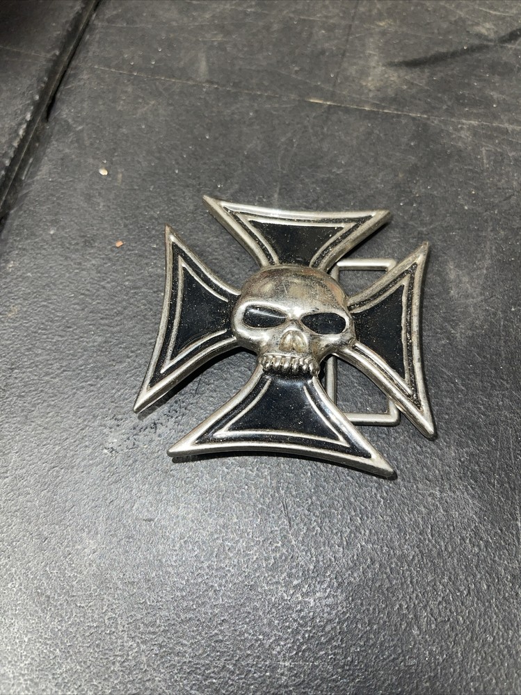 Black Iron Cross Skull Biker Belt Buckle