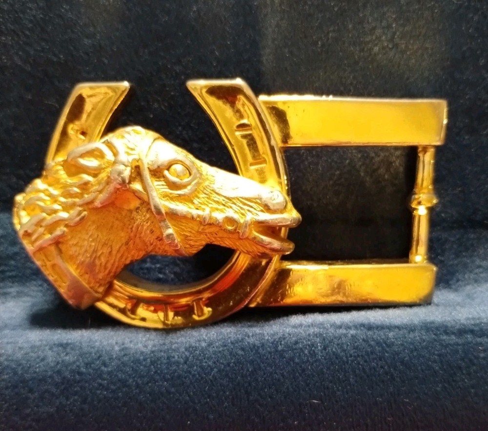 Vintage Rare Vicenza Gold-tone Horse Head Horseshoe Belt Buckle 3.5&Prime; Wide