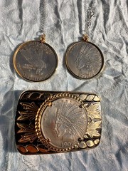 Antique 1907 Silver Indian Head Eagle & 24K Gold Belt Buckle Belt Bar Necklace