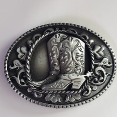 Mens Western Cowboy Boots Belt Buckle Silver Tone Oval Rope Edge Rodeo Style