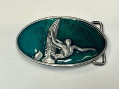 Surfer Riding A Wave Hang 10 Oval Aqua Ocean Sea Blue Color Belt Buckle