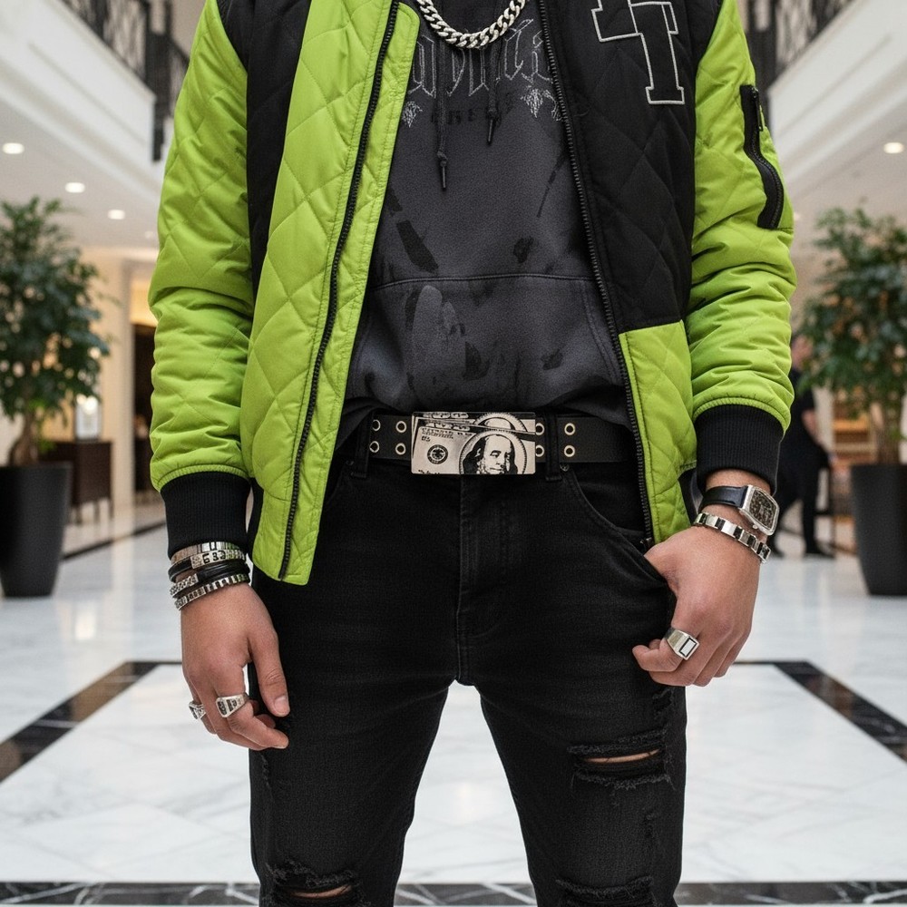 NEW Men Silver Metal Rap Buckle Hip Hop Street Fashion Club 100$ Bill Money Hood