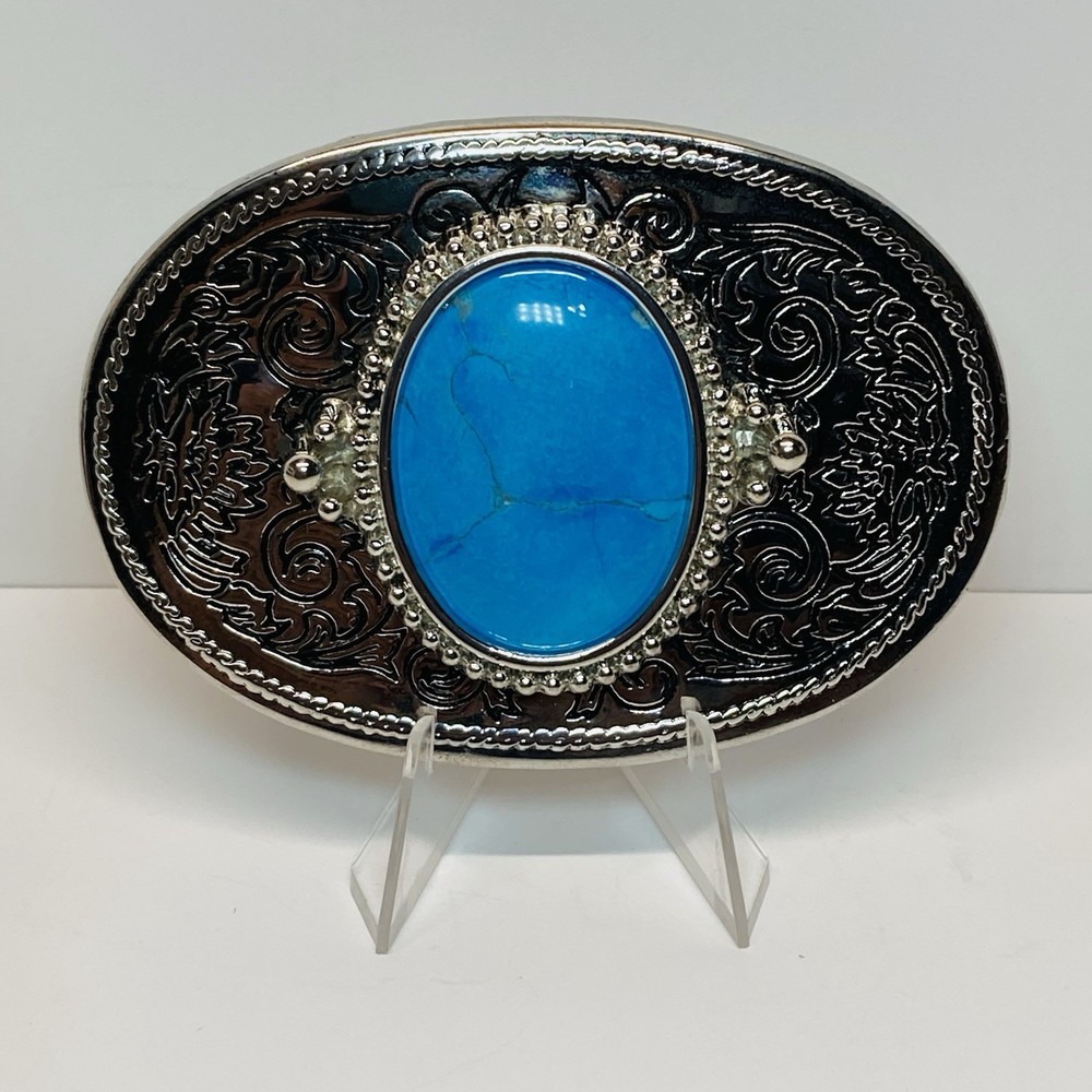 Turquoise Stone Silver Western Country Unisex Engrave Design Belt Buckle
