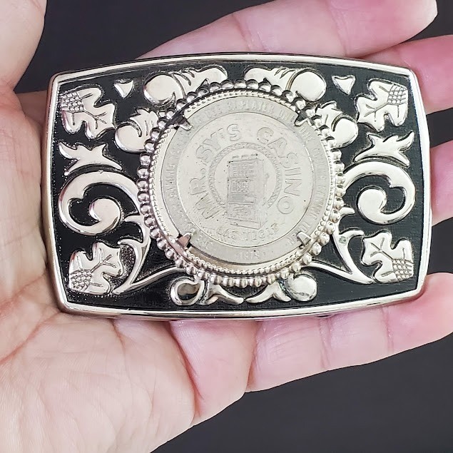 Mr. Sy&rsquo;s Casino Las Vegas 1979 $1 Gaming Token Western Belt Buckle Silver Tone