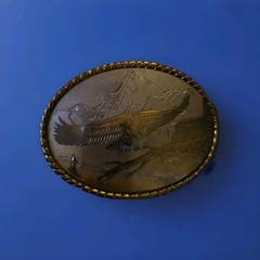 VTG Bald Eagle Mountain Scene Belt Buckle USA Western Gold Trim Wesco/Walsco