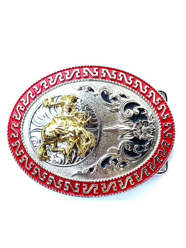 Western Buckle Oval Gold Silver Red Horse Rider Cowboy 2 » Hebillas Vaqueras