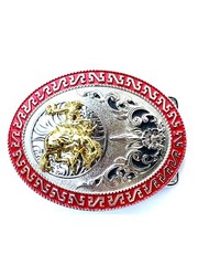 Western Buckle Oval Gold Silver Red Horse Rider Cowboy 2 » Hebillas Vaqueras