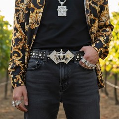 Men Silver Metal Fancy Buckle Street Fashion Bling King Crown Ace Cards Dressy