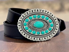 Western Belt Buckle With Handmade Leather Strap| Turquoise Buckle For Men