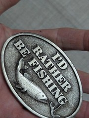 vintage USA made FISHING belt buckle 1970s brass TROUT sky patrol CAPT HAWKS