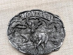 vintage MONTANA belt buckle ELK heavy pewter WESTERN train FLY FISHING siskiyou