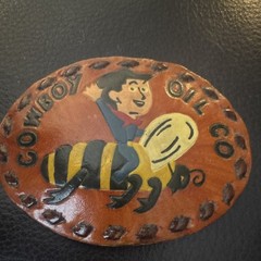 Vintage Go Boy Oil Co Belt Buckle Cartoon Cowboy Riding Bee Oilfield Advertising