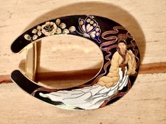 Cloisonne Enamel Buckle Asian Woman Butterfly Floral Goldtone
