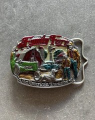 Vintage 1986 C&J Enamel Family Farm Scene Pewter Belt Buckle American Tradition