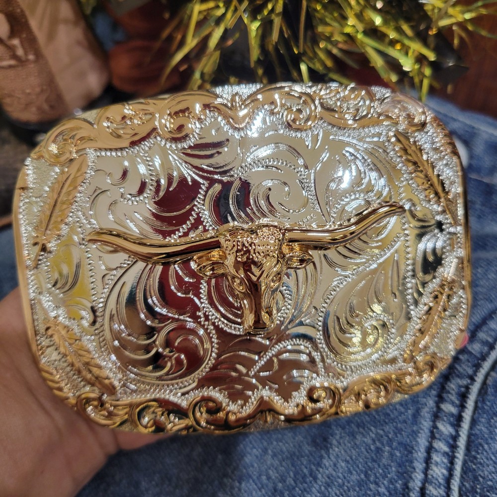 Longhorn Cowboy Belt Buckle Western HebillaSilver & Rosetone 4×3.5 Inch