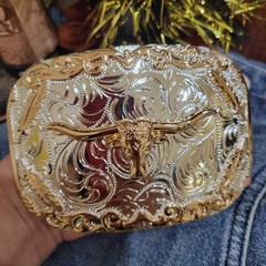 Longhorn Cowboy Belt Buckle Western HebillaSilver & Rosetone 4×3.5 Inch