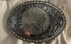 Belt Buckle « The State of Texas » with Rhinestones Large Metal, Silver & Bright