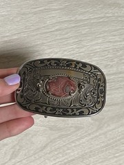 VTG Western Country Silver Tone Rhodochrosite Stone Belt Buckle 3.25&Prime; x 2&Prime;