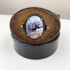 Artistic Impressions Moose Belt Buckle Julie Zsupnik Porcelain Leather Belt L