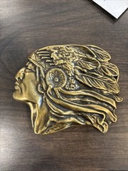 Vintage 1970s Brass Indian Head Motorcycle Belt Buckle 3 1/4&Prime; Wide #2