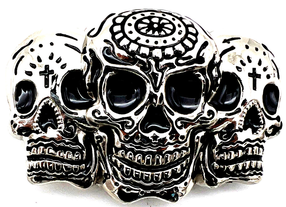 Three Multi Skulls Belt Buckle Biker Gothic New
