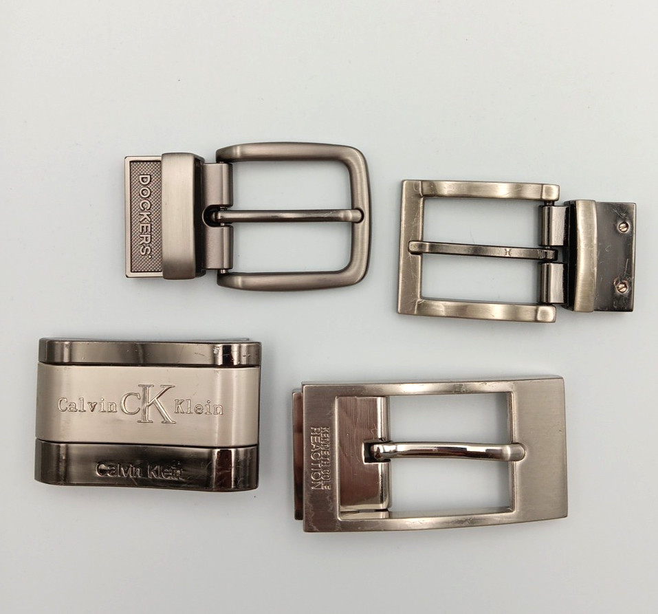 Lot of 4 Mens Assorted Designer Brands Chrome Metal Silver Belt Buckles