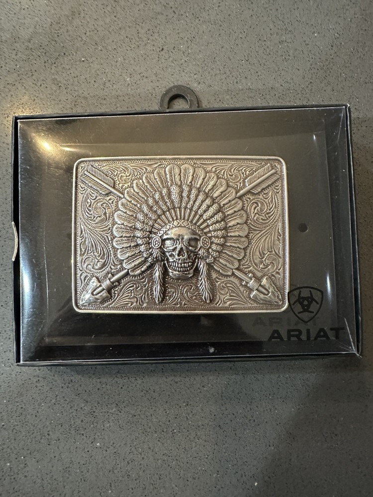 Ariat Western Mens Rectangle Belt Buckle Chief Skull Arrowheads Silver A37009