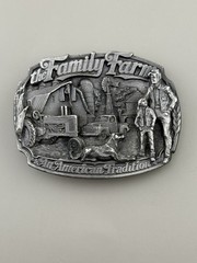 Family Farm Belt Buckle American Tradition Tractor Barn Vintage Pewter C+J 1986