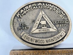 Vintage Kaiser Aluminum Belt Buckle Mens Gold Tri Plant Excellence Logo Safety