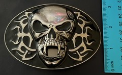 Skull w/ Fangs Belt Buckle Silver Toned with Black Enamel Vampire 🧛