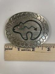 Vintage Silver Turquoise And Coral Inlaid Bear Belt Buckle Signed T