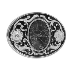 Southwestern Belt Buckle Oval Black Stone Floral Silver Tone Black Enamel