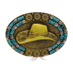 Men Antique Gold Metal Western Belt Buckle Cowboy Hat Turquoise Blue Color Beads