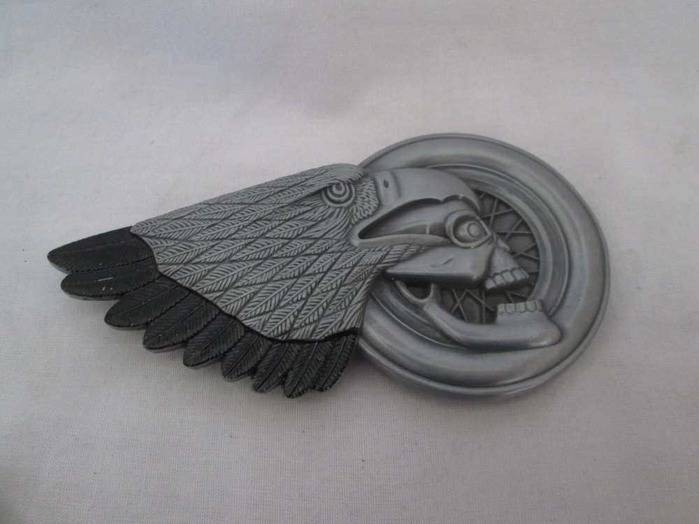 Eagle Head & Skull With Motorcycle Wheel 3-D Belt Buckle Bikers NEW